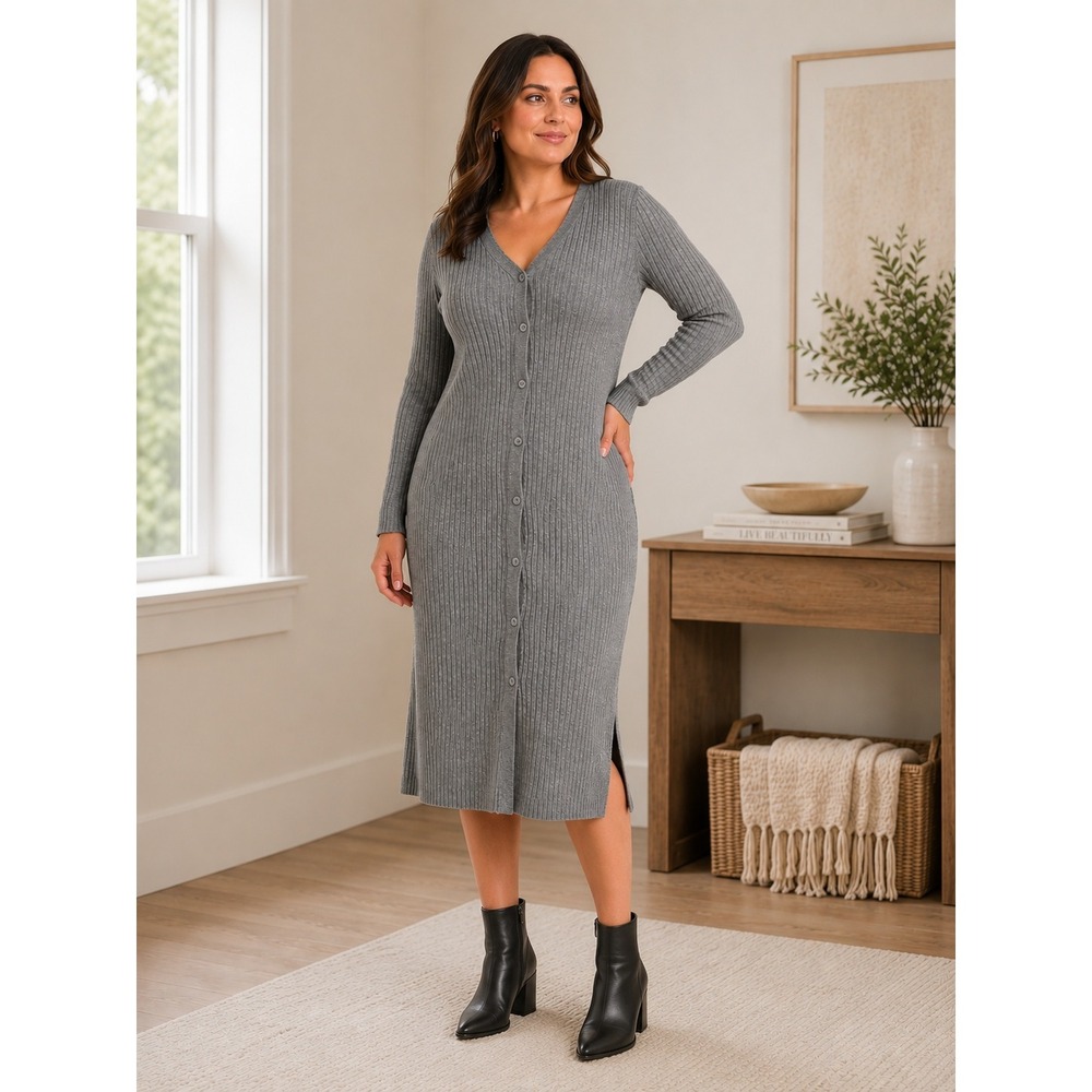 Marled Ribbed Sweater Dress Womens Large Gray Stretchy Winter Neutral Casual